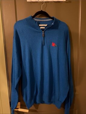 Peter Millar Blue Quarter-Zip Sweater with Red Cardinal Logo cotton/cashmere